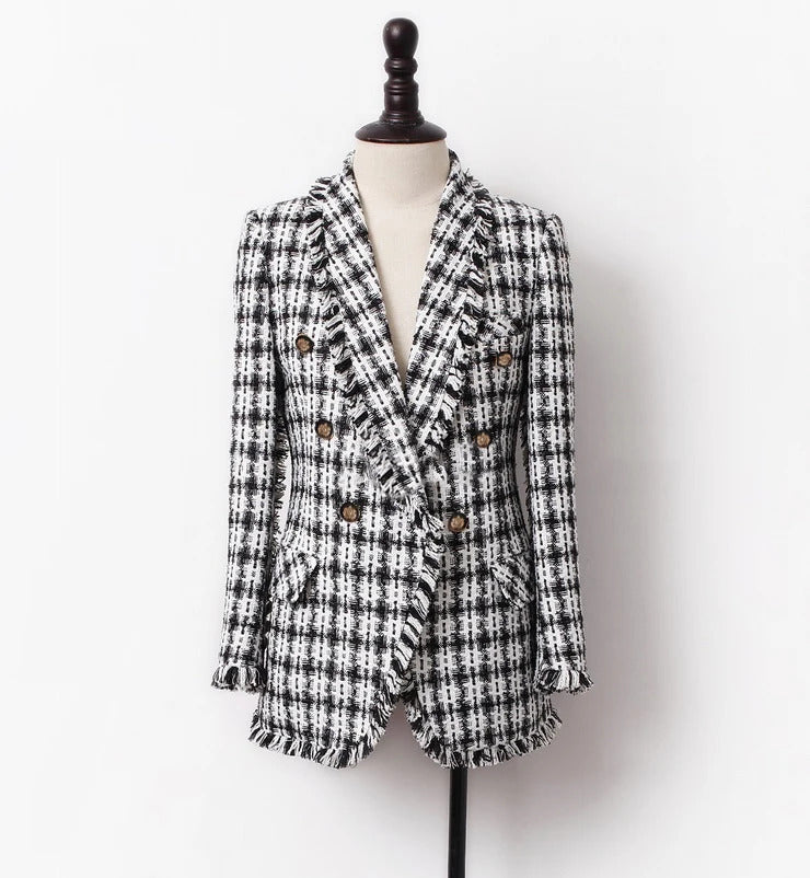 Tweed jacket Black/white plaid spring / autumn women's coat jacket Double-breasted ladies suit small fragrant wind jacket