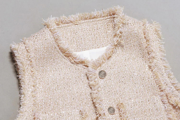 Apricot Sequin Coat  Sleeveless Ladies Spring /Autumn /Winter  Classic Women's Tweed Jacket Coat  Fashion Fragrance Woven Top