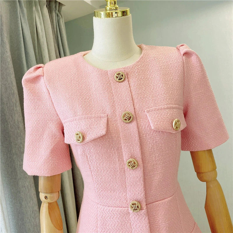 spring / autumn dress Small fragrant wind  New Light Luxury Elegant Mini dress Pink Short sleeve Women Tweed Dress