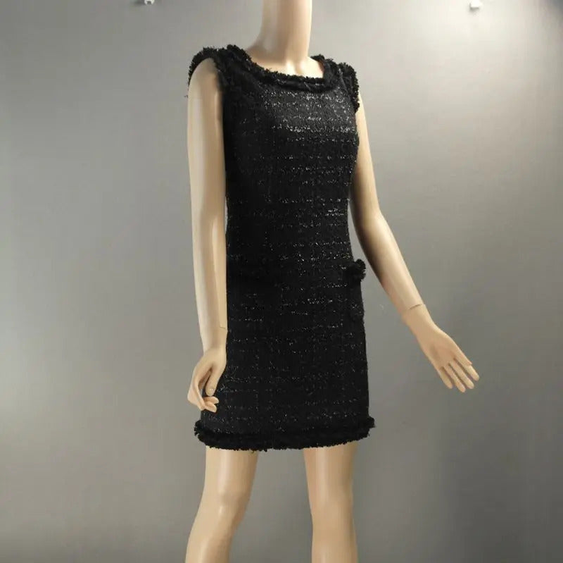 Black bright silk tweed sleeveless dress custom spring / autumn ladies dress was thin ladies bottoming dress