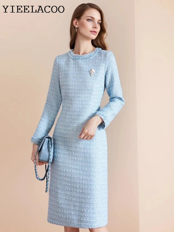 Blue Tweed Dress spring / autumn women's dress  tassel  slim  one-piece  Ladies Classic bottoming dress