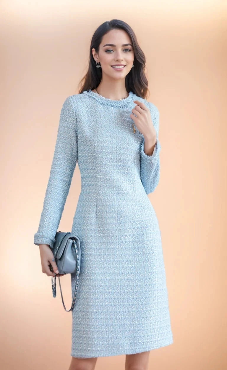 Blue Tweed Dress spring / autumn women's dress  tassel  slim  one-piece  Ladies Classic bottoming dress