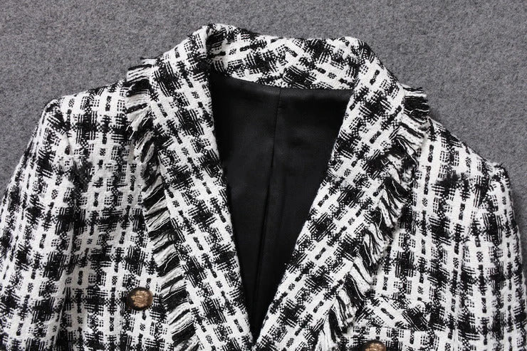 Tweed jacket Black/white plaid spring / autumn women's coat jacket Double-breasted ladies suit small fragrant wind jacket