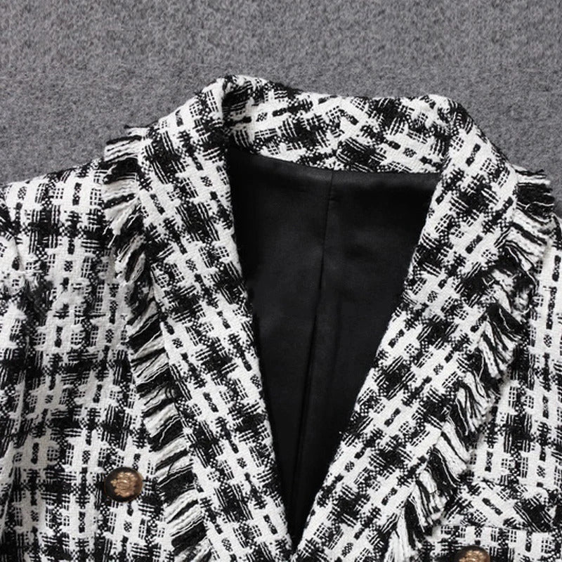 Tweed jacket Black/white plaid spring / autumn women's coat jacket Double-breasted ladies suit small fragrant wind jacket