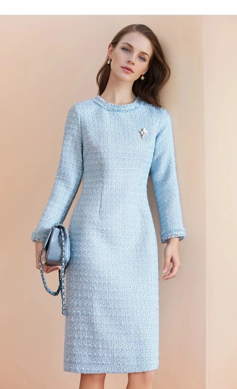 Blue Tweed Dress spring / autumn women's dress  tassel  slim  one-piece  Ladies Classic bottoming dress