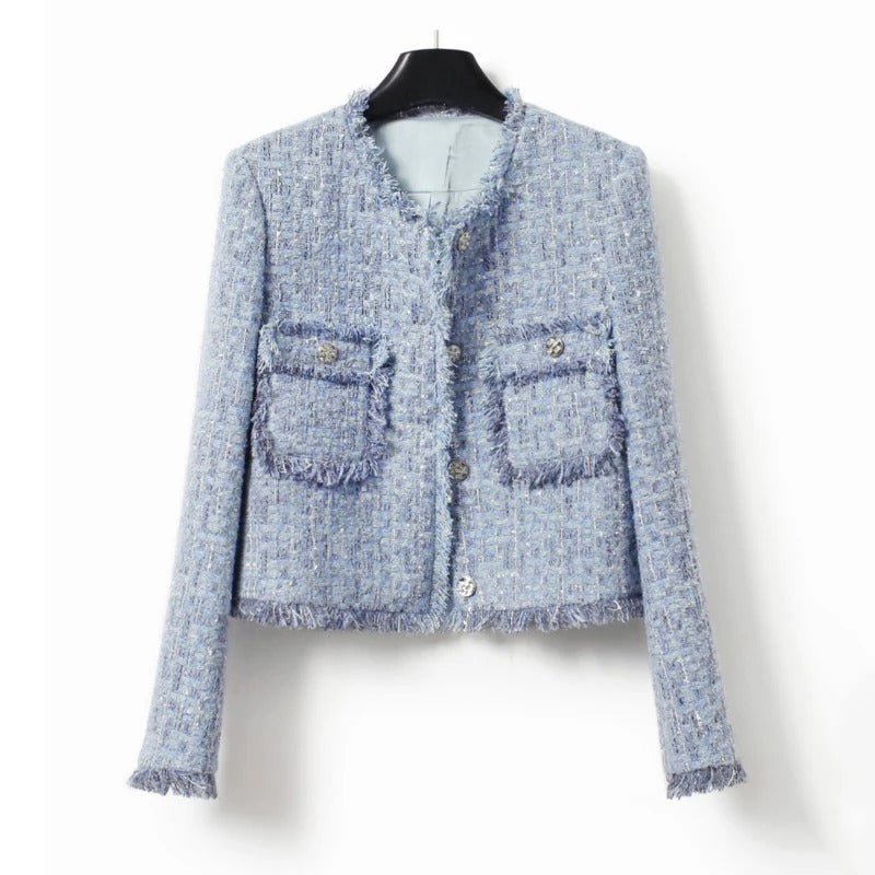 Blue plaid jacket, tweed fashion design, small fragrant style jacket, French exquisite tassel top, classic jacket