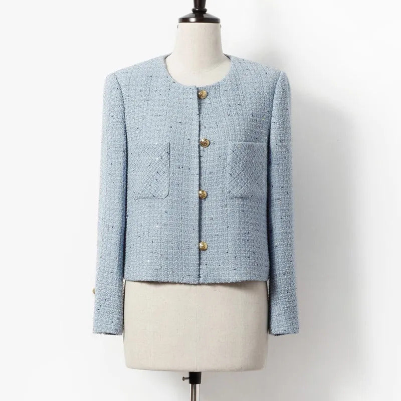 Women's tweed jacketautumn/winter, high-end and fragrant style jacket design for socialites, sequin light blue top