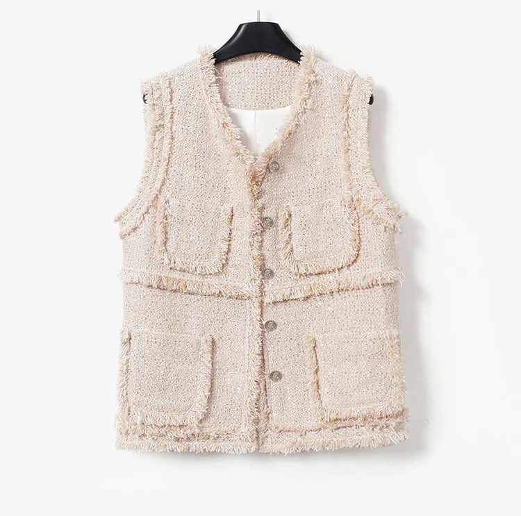 Apricot Sequin Coat  Sleeveless Ladies Spring /Autumn /Winter  Classic Women's Tweed Jacket Coat  Fashion Fragrance Woven Top