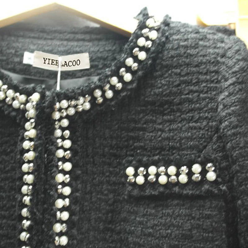 White / black tweed jacket autumn  /winter women's jacket new long-sleeved ladies heavy beaded woolen jacket