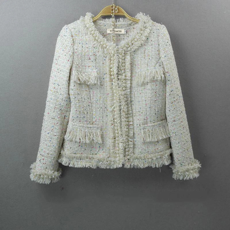 Beige tweed jacket  autumn / winter new women Slim jacket hand-beaded ladies small fragrant wind one-piece jacket