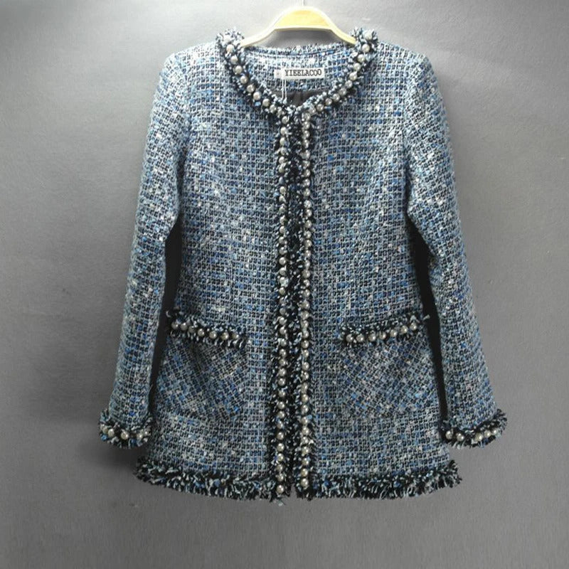 Women's Tweed Jacket with Bead, Advanced Blue, Custom, Heavy, Autumn, Winter Ladies Coat, Long Section, 1 Pc