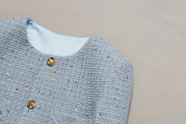 Women's tweed jacketautumn/winter, high-end and fragrant style jacket design for socialites, sequin light blue top