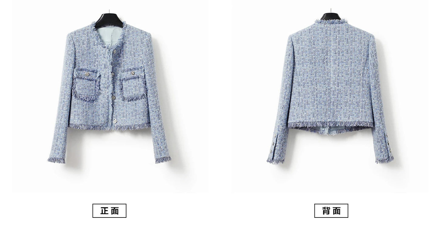 Blue plaid jacket, tweed fashion design, small fragrant style jacket, French exquisite tassel top, classic jacket