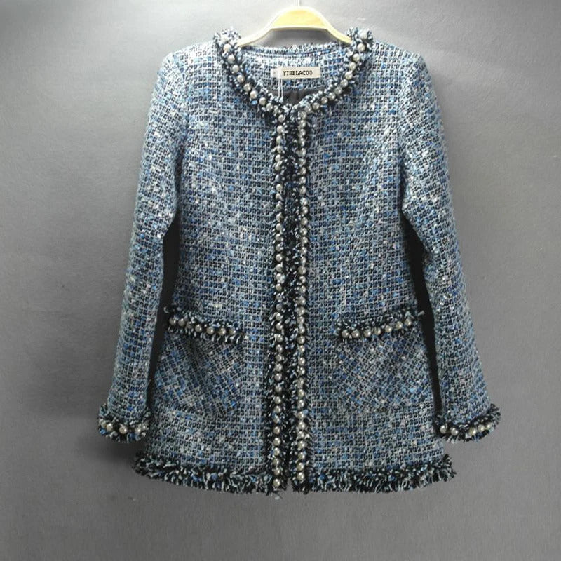 Blue tweed coat +short suit beading advanced custom heavy autumn/winter  Women jacket set and long sections ladies jacket coat