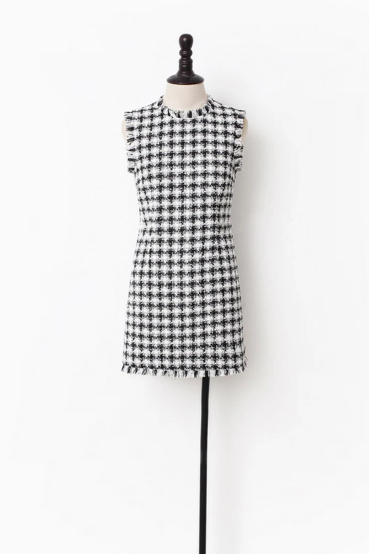 Black White Plaid Tweed Dress New Spring / Summer Autumn Little Fragrance Elegant Office Ladies Slim One-Piece Dress