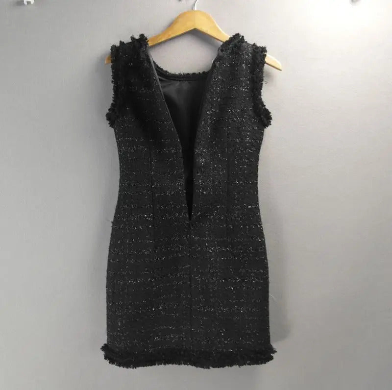 Black bright silk tweed sleeveless dress custom spring / autumn ladies dress was thin ladies bottoming dress