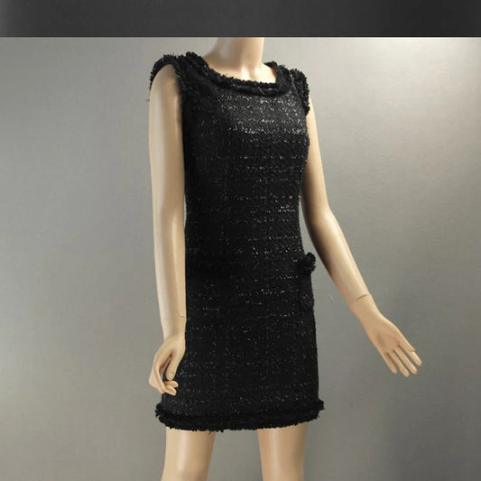 Black bright silk tweed sleeveless dress custom spring / autumn ladies dress was thin ladies bottoming dress