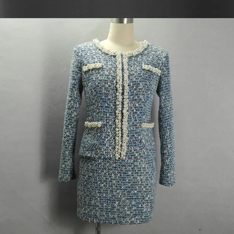 tweed jacket + skirt suits Elegant heavy beading autumn / winter womens coat cultivating long-sleeved office ladies sets