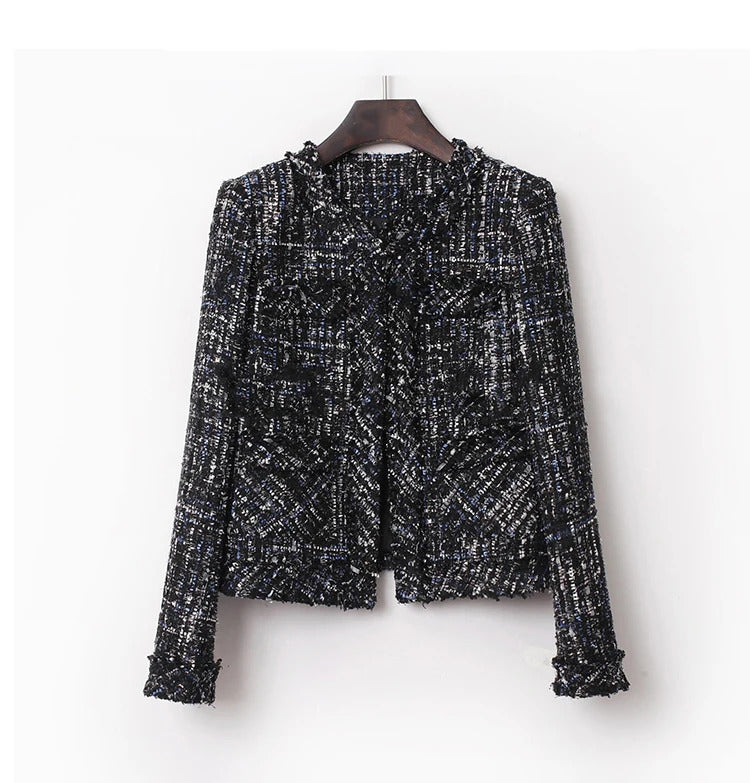 Tweed Jacket women dark blue Sequins flash fabric spring / autumn /winter women's jacket coat classic ladies one-piece jacket