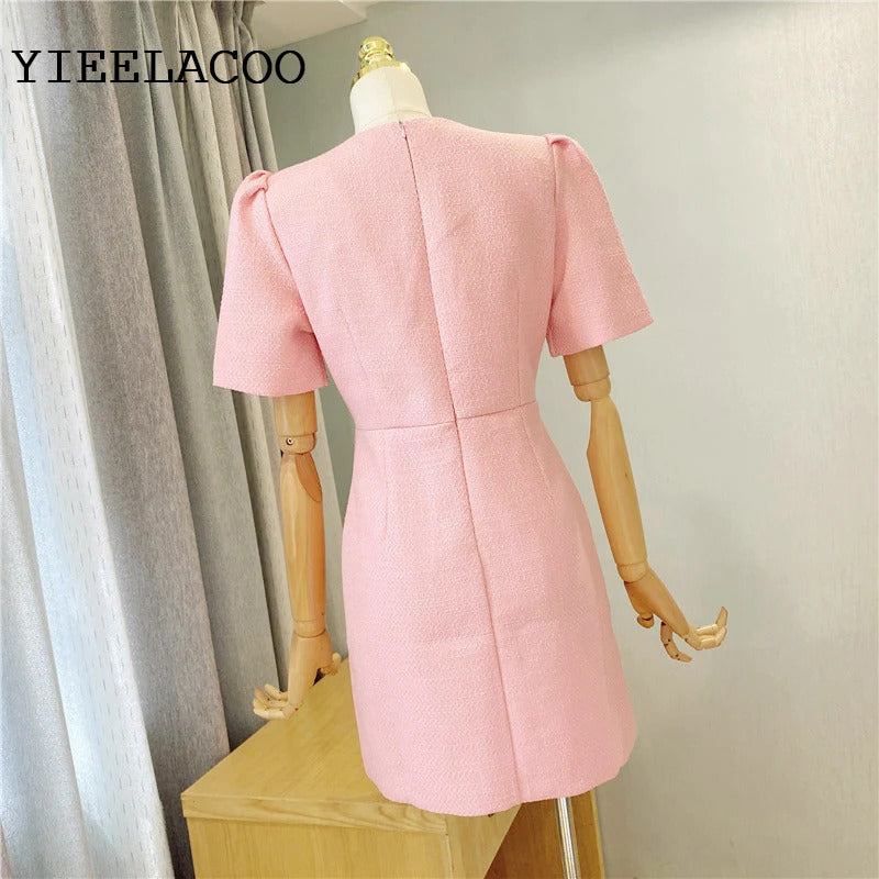 spring / autumn dress Small fragrant wind  New Light Luxury Elegant Mini dress Pink Short sleeve Women Tweed Dress