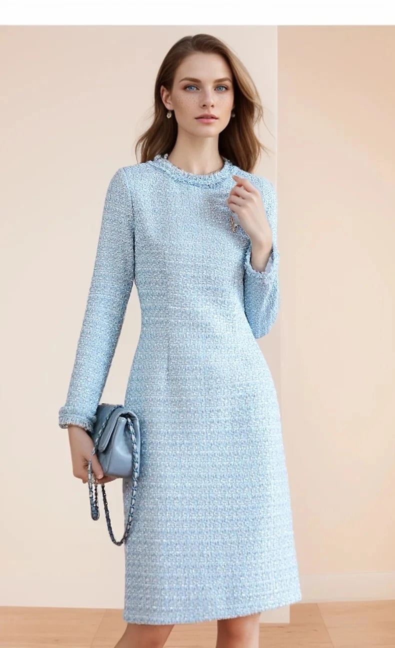 Blue Tweed Dress spring / autumn women's dress  tassel  slim  one-piece  Ladies Classic bottoming dress