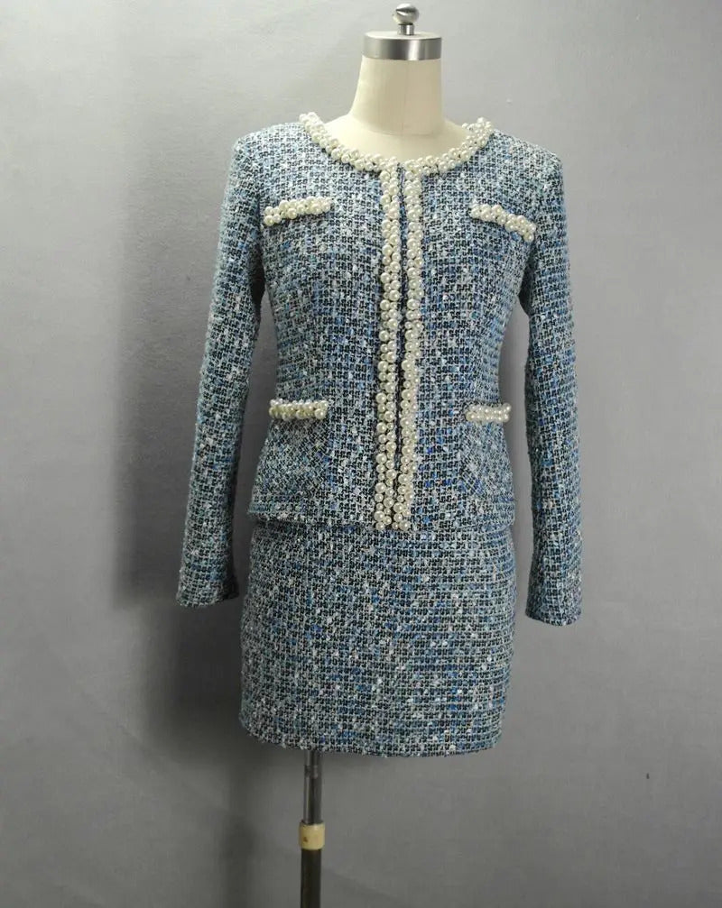 tweed jacket + skirt suits Elegant heavy beading autumn / winter womens coat cultivating long-sleeved office ladies sets