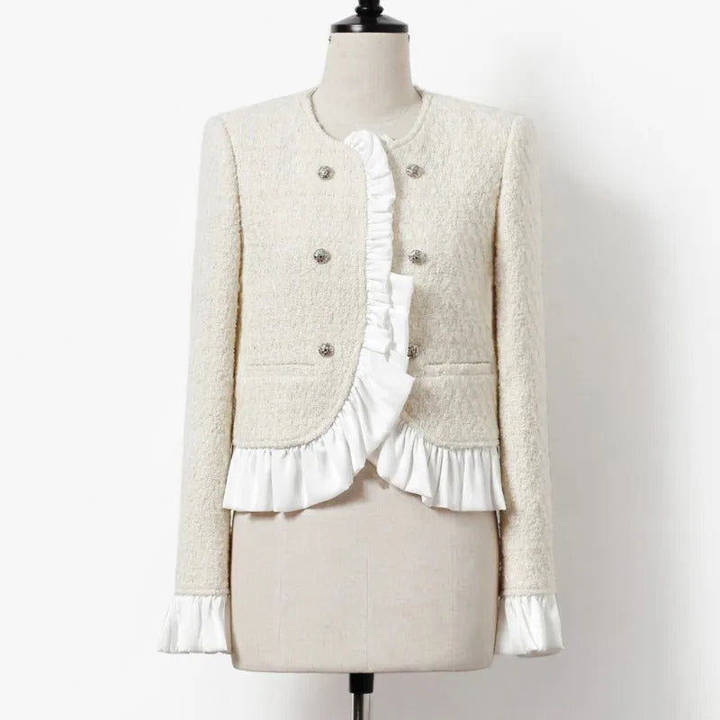 Beige women's coarse tweed jacket, autumn and winter socialite ruffled edge fragrant wind jacket, unique double breasted top