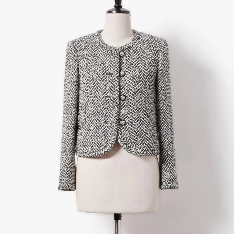 Grey  women's tweed jacket herringbone pattern autumn/winter socialite woven short slimming fragrant style jacket commuting top