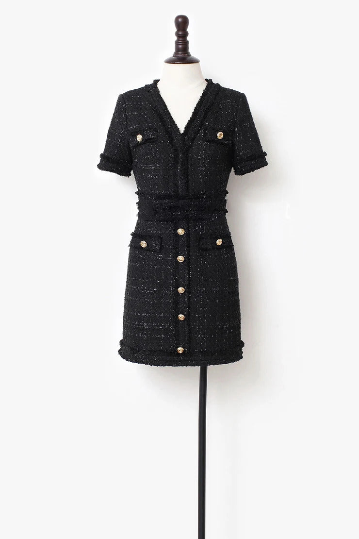 Elegant Black Socialite Spring / Autumn Tweed Thin Women's Dress small fragrance style New bright wire braided Mini dress