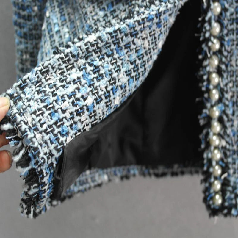 Women's Tweed Jacket with Bead, Advanced Blue, Custom, Heavy, Autumn, Winter Ladies Coat, Long Section, 1 Pc