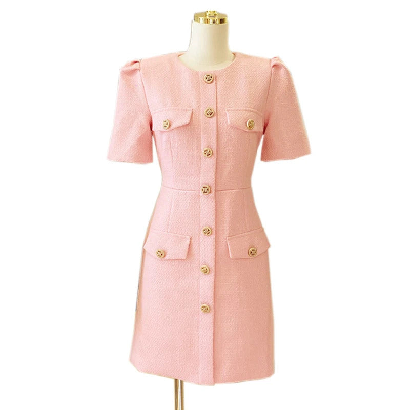 spring / autumn dress Small fragrant wind  New Light Luxury Elegant Mini dress Pink Short sleeve Women Tweed Dress