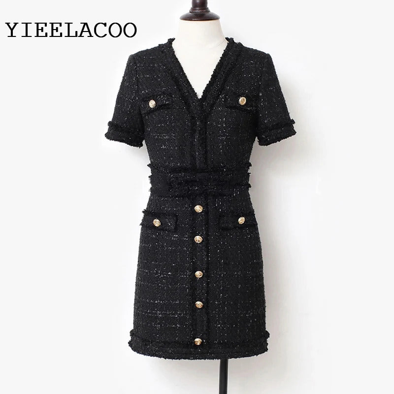 Elegant Black Socialite Spring / Autumn Tweed Thin Women's Dress small fragrance style New bright wire braided Mini dress