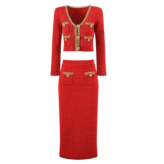 Red short top +  skirt knitted suit socialite light luxury nail beaded V-neck coat 2025 spring/autumn women's new 2 sets