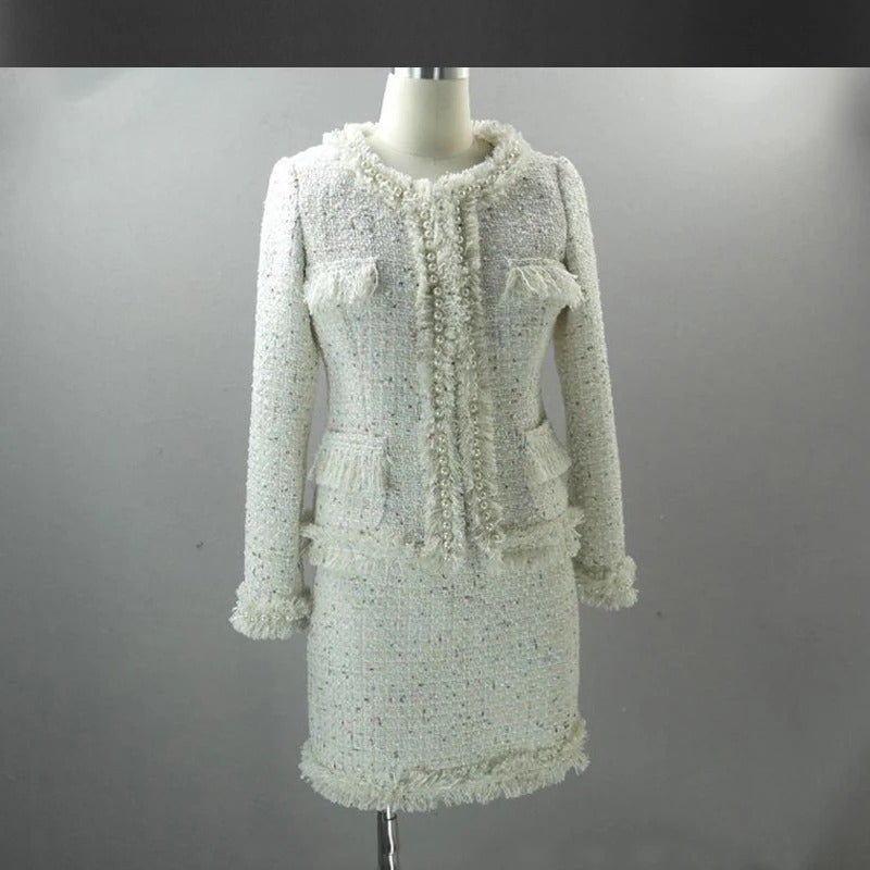 Beige tweed  jacket + skirt suit color sequin autumn / winter women's jacket new ladies suit  2-piece sets