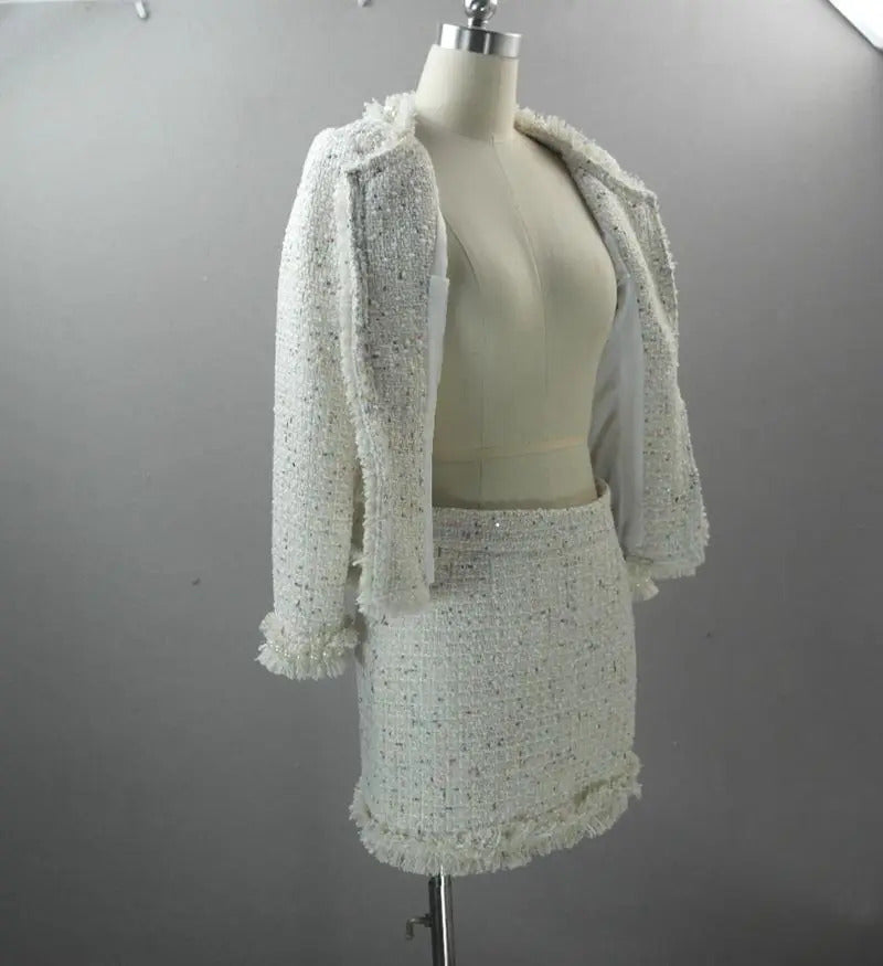 Beige tweed  jacket + skirt suit color sequin autumn / winter women's jacket new ladies suit  2-piece sets