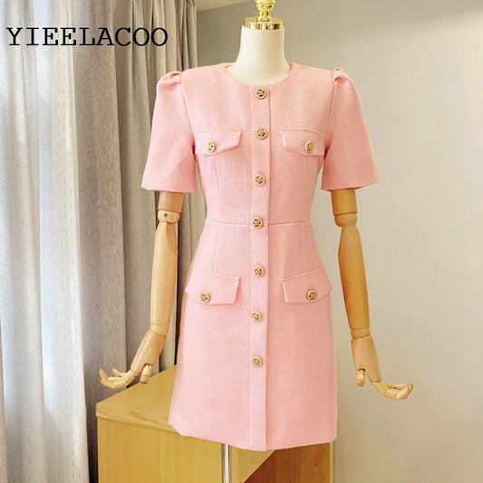 spring / autumn dress Small fragrant wind  New Light Luxury Elegant Mini dress Pink Short sleeve Women Tweed Dress