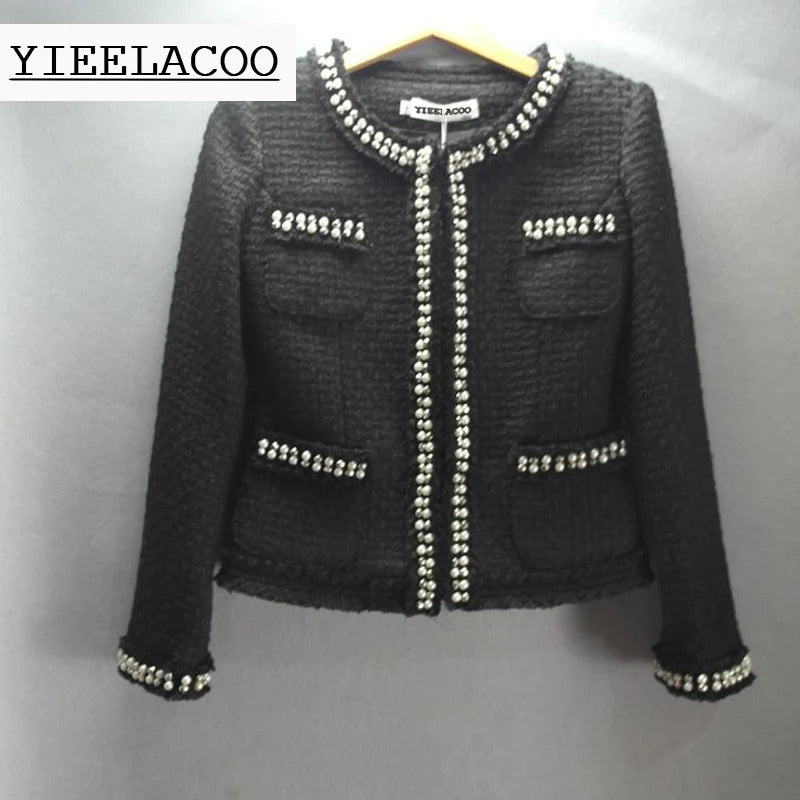 White / black tweed jacket autumn  /winter women's jacket new long-sleeved ladies heavy beaded woolen jacket