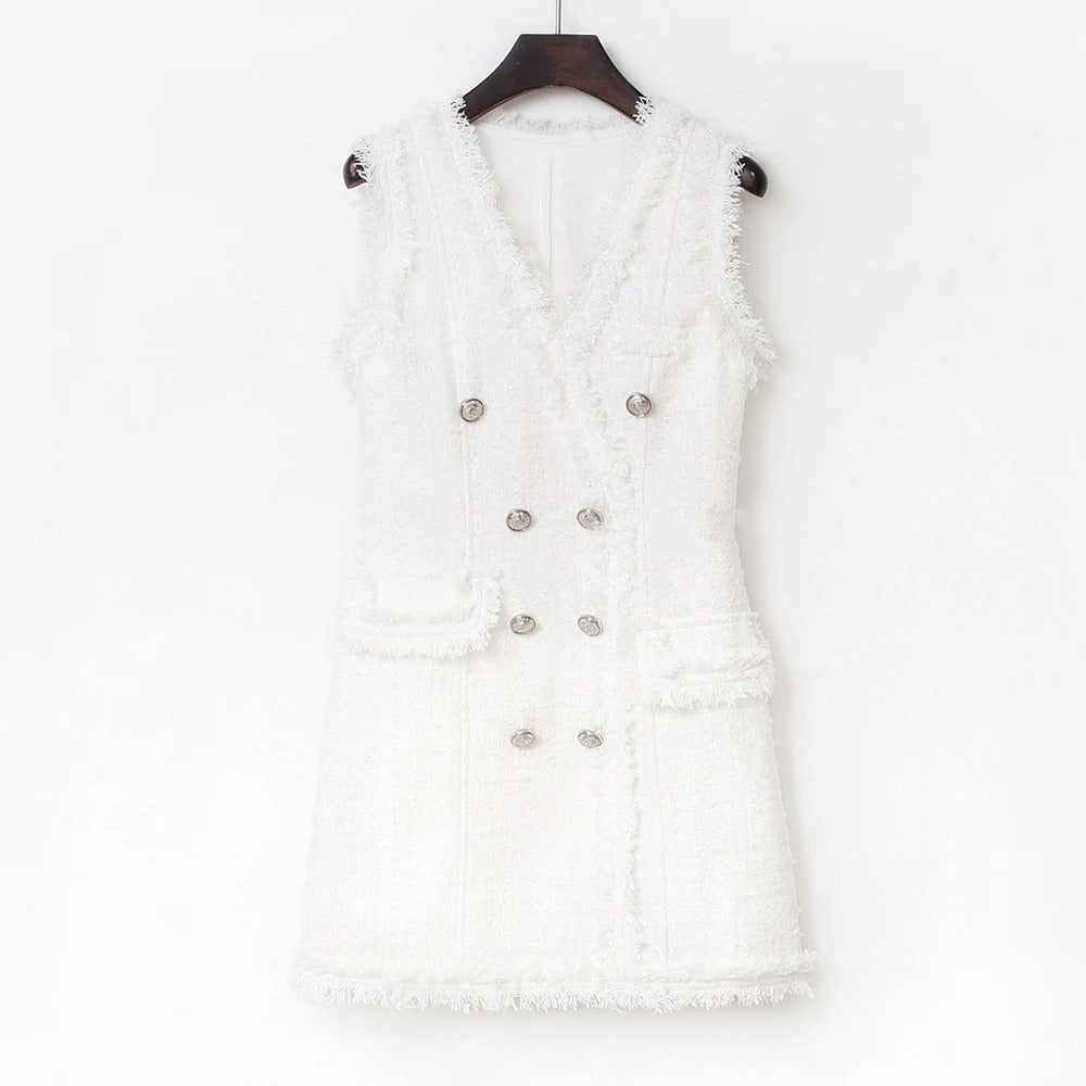 Elegant White Socialite Spring / Autumn Tweed Thin Women's Dress sleeveless fragrance style New bright wire braided Mini dress