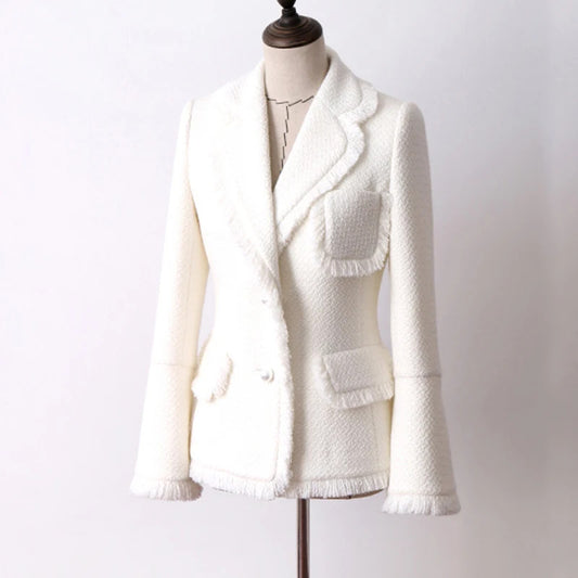 White tweed jacket autumn and winter women's jacket new woolen trumpet sleeve ladies coat jacket