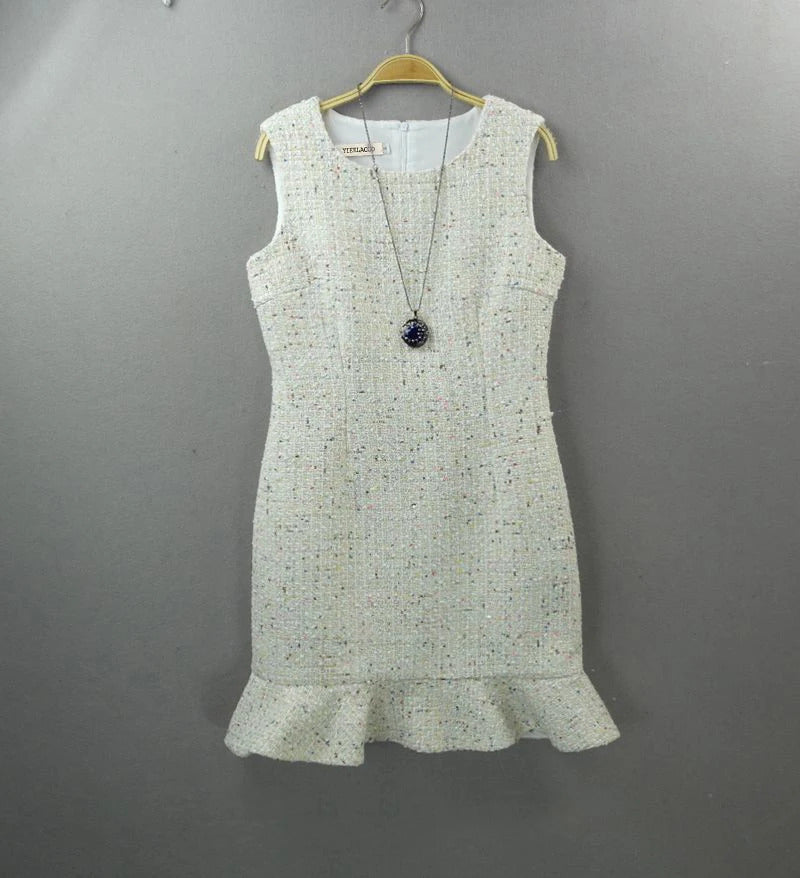 Beige sleeveless tweed dress color sequins one-piece  spring / autumn women dress custom ladies bottoming fishtail dress