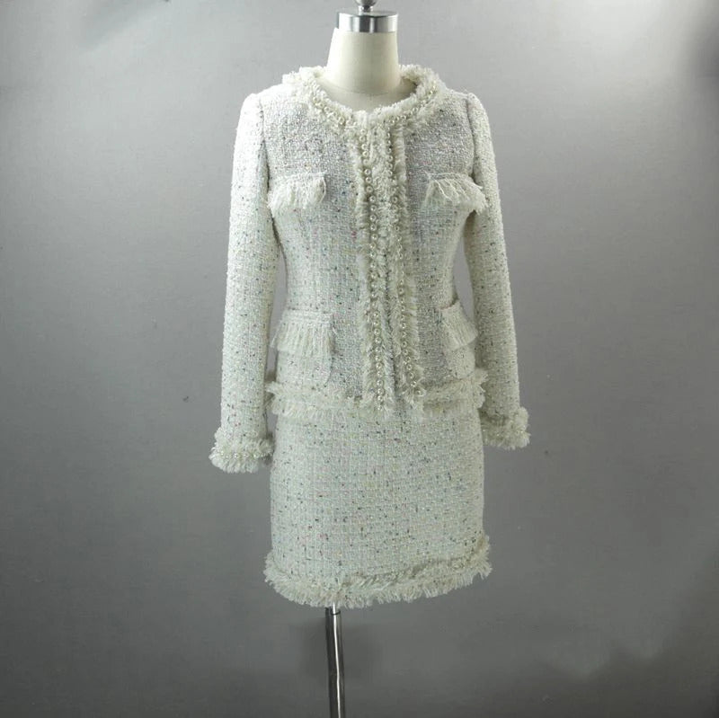 Beige tweed  jacket + skirt suit color sequin autumn / winter women's jacket new ladies suit  2-piece sets