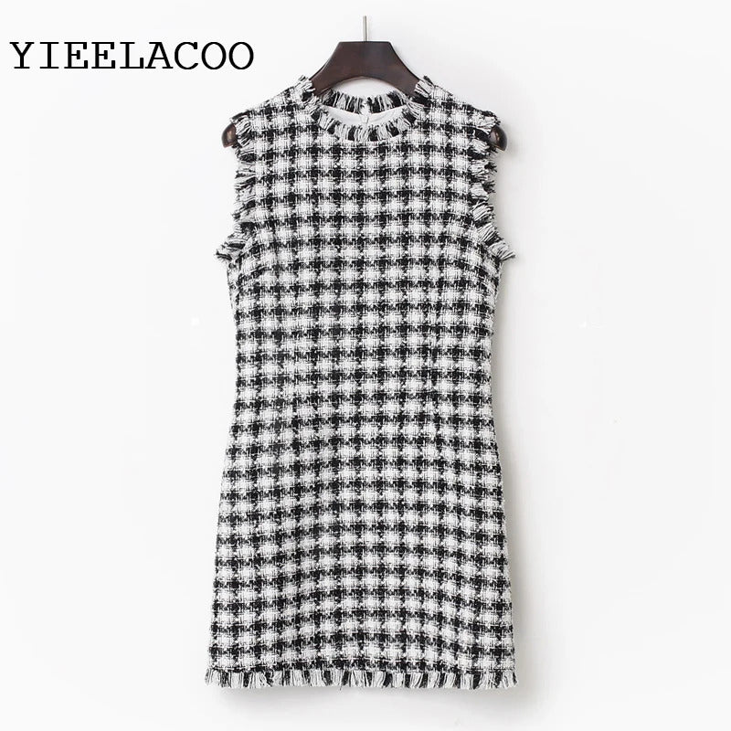 Black White Plaid Tweed Dress New Spring / Summer Autumn Little Fragrance Elegant Office Ladies Slim One-Piece Dress