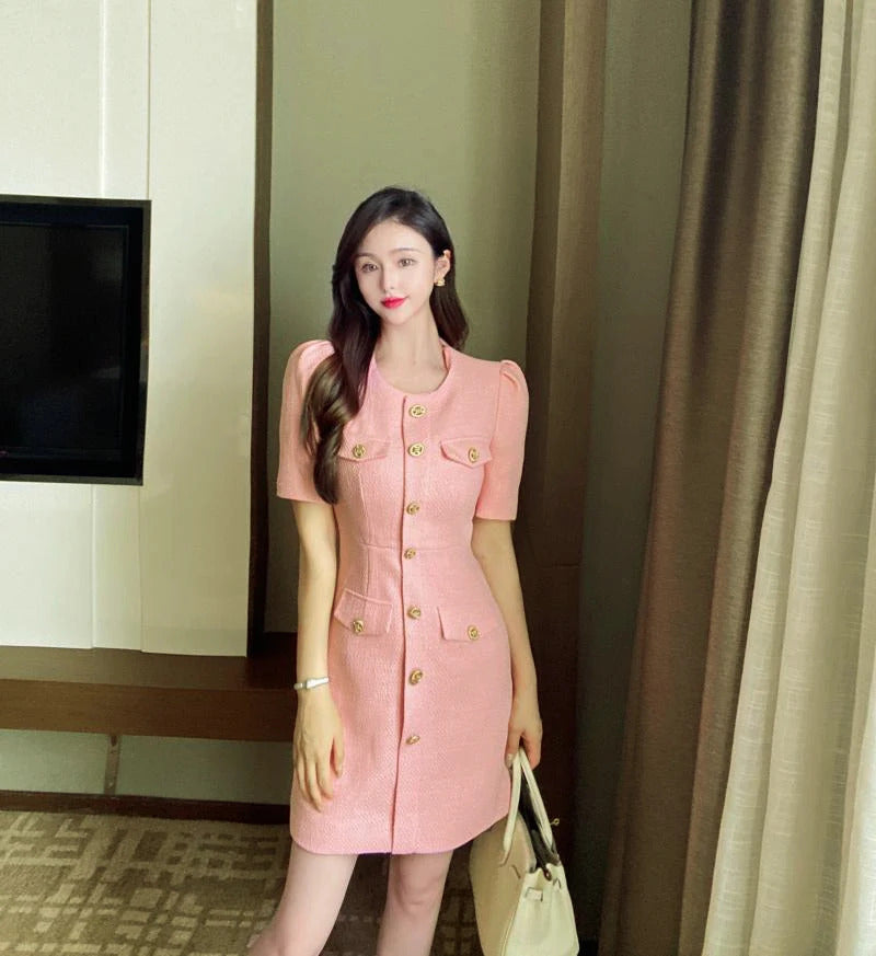 spring / autumn dress Small fragrant wind  New Light Luxury Elegant Mini dress Pink Short sleeve Women Tweed Dress