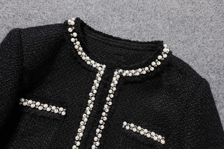 Black tweed women jacket spring / autumn / winter woolen coat new Wool handmade beads classic  jacket Ladies