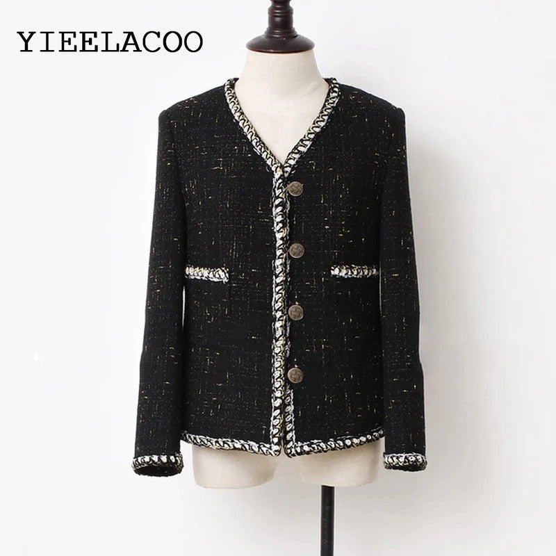 Women's black tweed short coat  new spring and autumn white women's small fragrance top