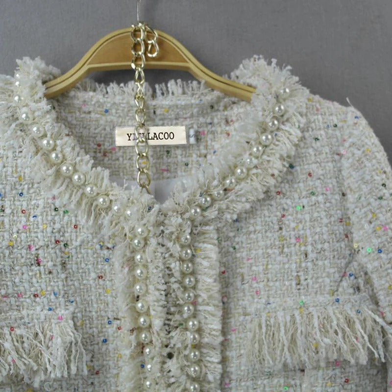 Beige tweed jacket  autumn / winter new women Slim jacket hand-beaded ladies small fragrant wind one-piece jacket