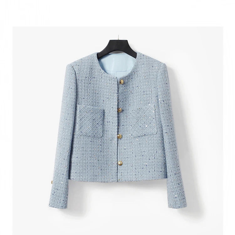 Blue Tweed Jacket Sequin  Fabric New Spring/Autumn/Winter Women's  Coat, classic jacket Ladies Top one-piece