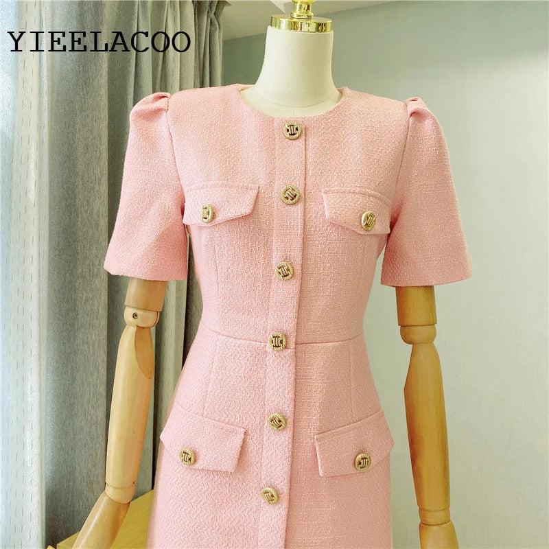 spring / autumn dress Small fragrant wind  New Light Luxury Elegant Mini dress Pink Short sleeve Women Tweed Dress