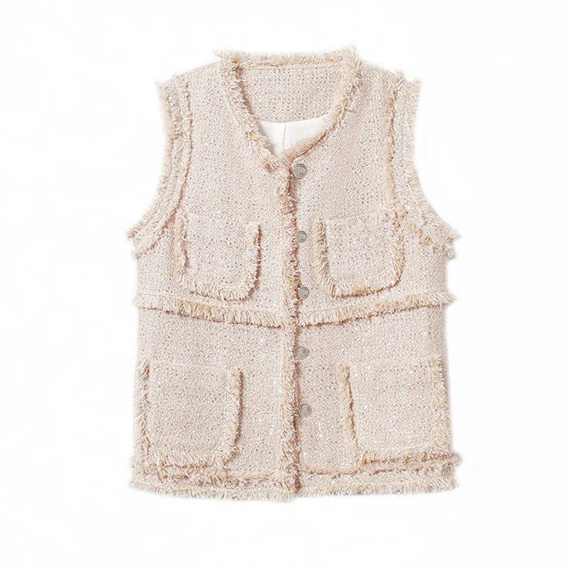 Apricot Sequin Coat  Sleeveless Ladies Spring /Autumn /Winter  Classic Women's Tweed Jacket Coat  Fashion Fragrance Woven Top