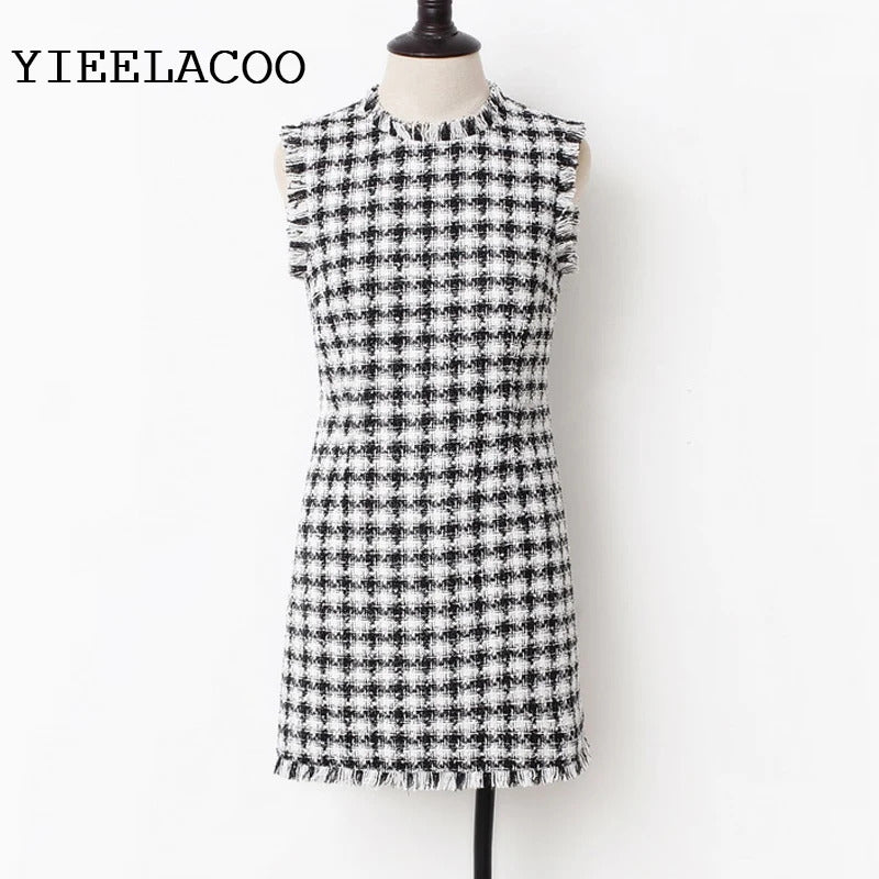 Black White Plaid Tweed Dress New Spring / Summer Autumn Little Fragrance Elegant Office Ladies Slim One-Piece Dress